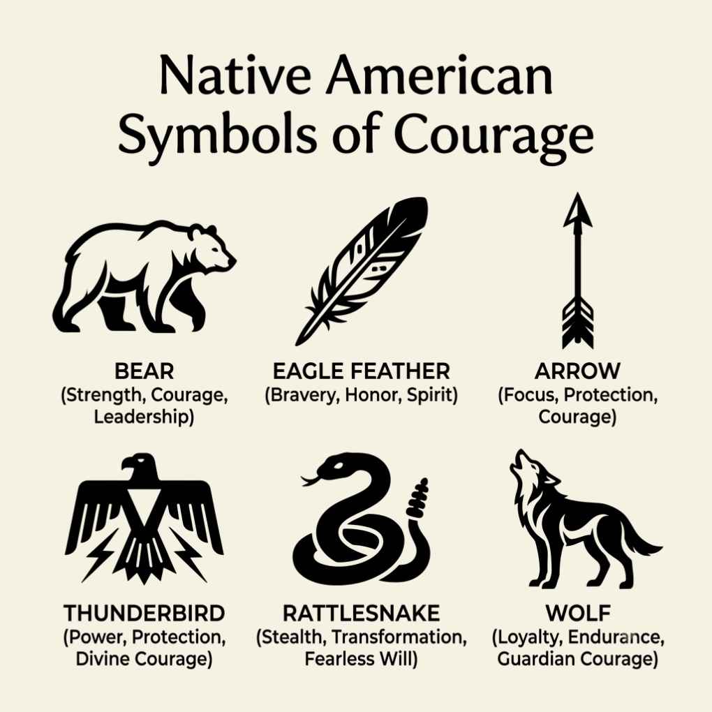 Native American courage symbols including feathers, shields, and designs representing strength and bravery