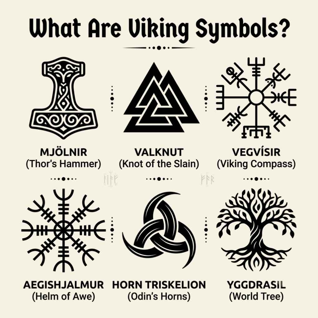 Ancient Viking symbols representing Norse culture, mythology, protection, and warrior traditions